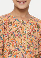 Little Bansi Boys Cotton Block Floral Kurta with Pearl Buttons & Pyjama in Orange & Cream