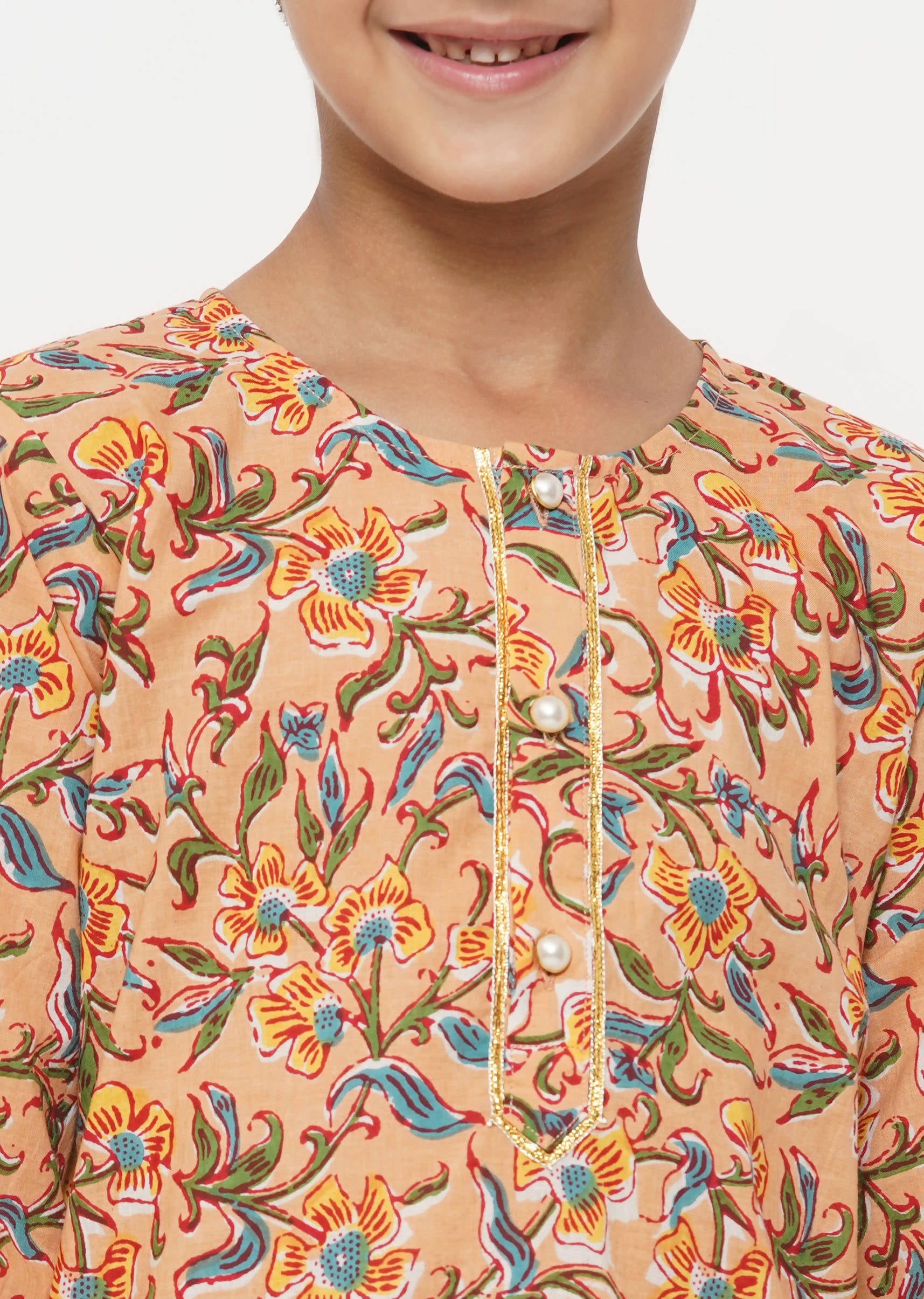 Little Bansi Boys Cotton Block Floral Kurta with Pearl Buttons & Pyjama in Orange & Cream