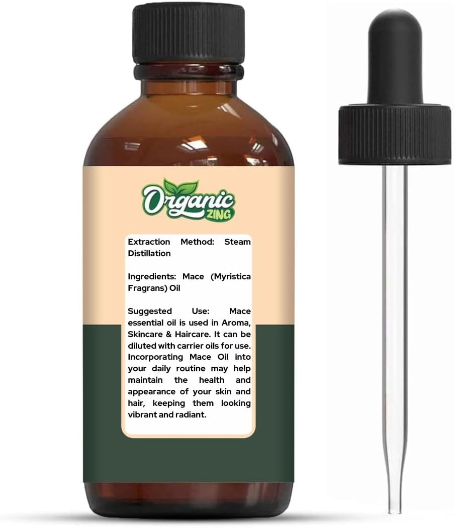 Organic Zing Mace (Myristica Fragrans) Oil | Pure & Natural Essential Oil for Skin Care, Haircare, Aroma & Diffusers