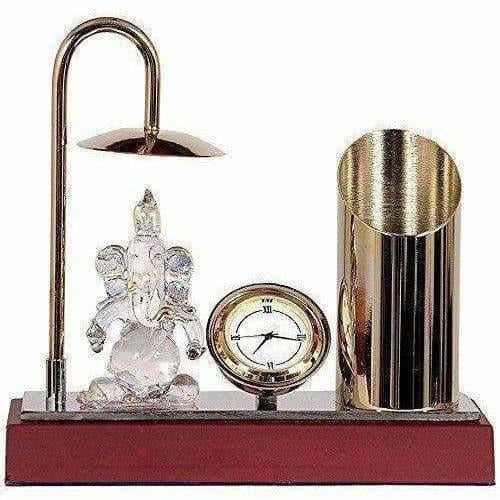 Ganesh Ji Crystal Showpiece Figurine, Classic Table Clock & Stylish Pen Stand,Brass & Stainless Steel In Gold & Silver Plating