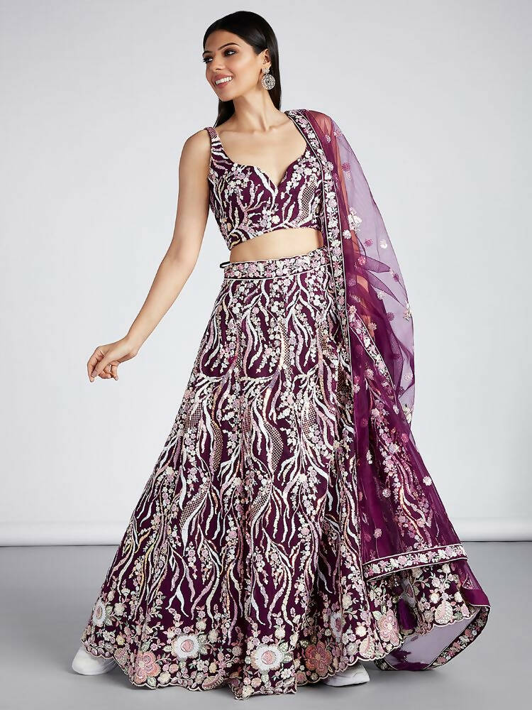 House of Panchhi Burgundy Net Sequins And Thread Embroidery Lehenga Choli & Dupatta
