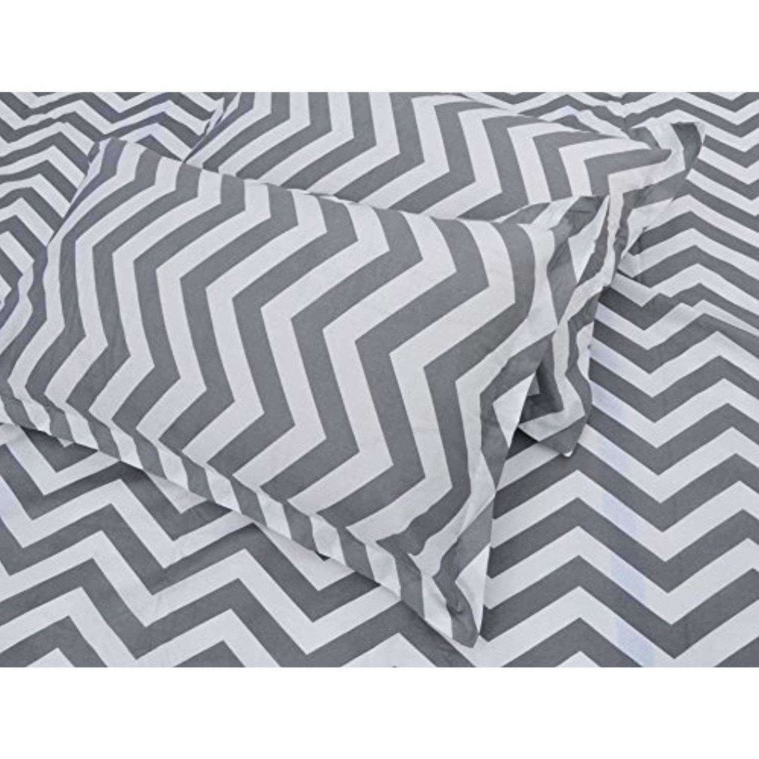 Cotton Double Bedsheet with 2 Pillow Covers - Modern White and Grey - Distacart