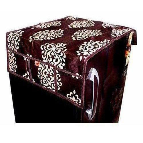 Floral Design Fridge Top Cover with 6 Utility Pockets - Brown Color