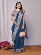 Teal Blue Silk Georgette Laser Cut Embroidery Wired Frills Saree - Norita Saumya
