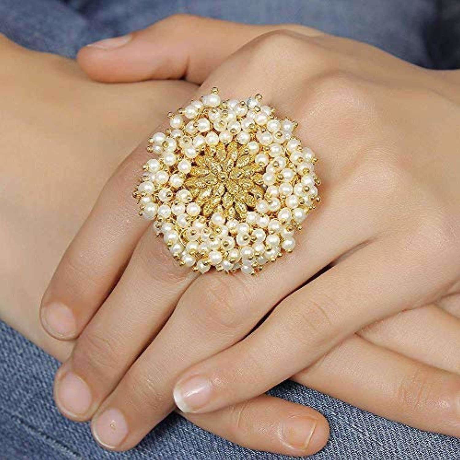 Gold-Polished Pearl Beads Polki Ring