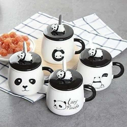 Panda Ceramic Mug with Ceramic Lid and Spoon(Random Design)-300 ML (Pack of 1)