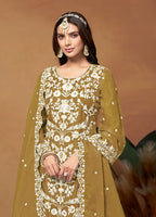 Monjolika Fashion Olive Colour Embroidered Soft Organza Straight Suit With Dupatta - Distacart