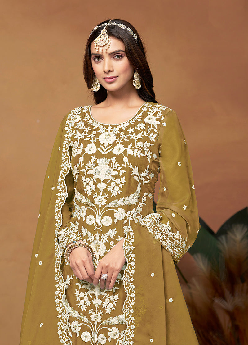 Monjolika Fashion Olive Colour Embroidered Soft Organza Straight Suit With Dupatta - Distacart