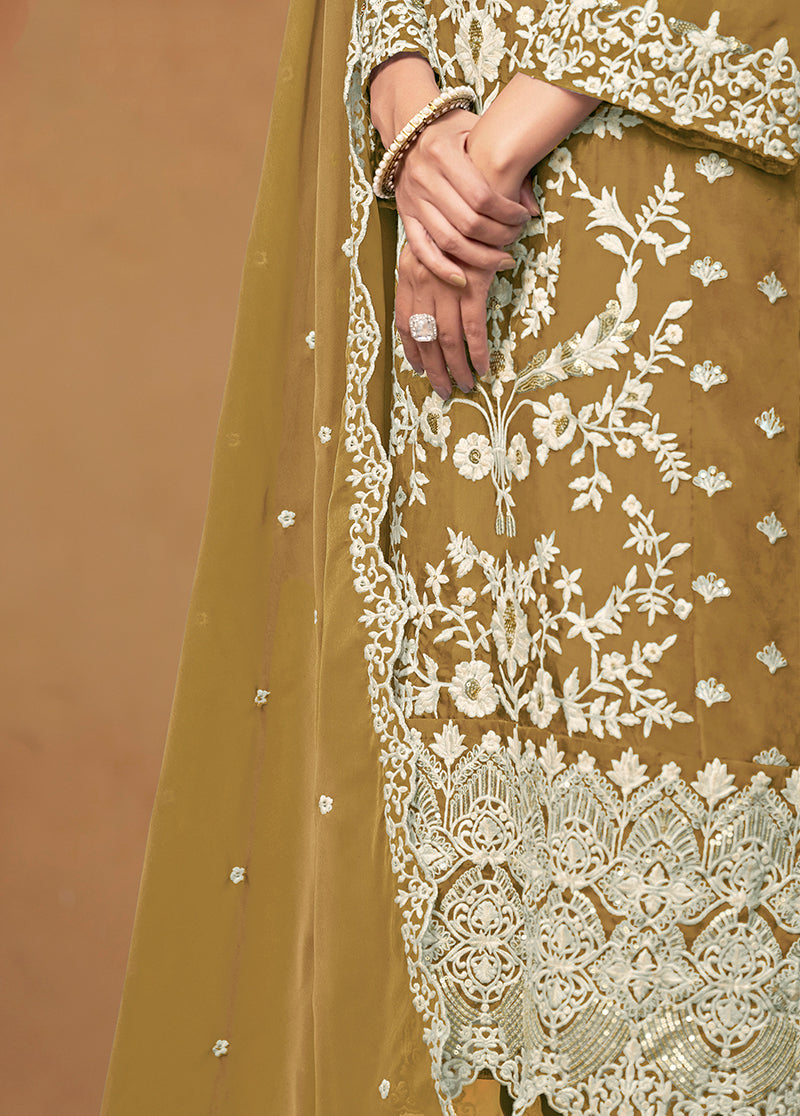 Monjolika Fashion Olive Colour Embroidered Soft Organza Straight Suit With Dupatta - Distacart