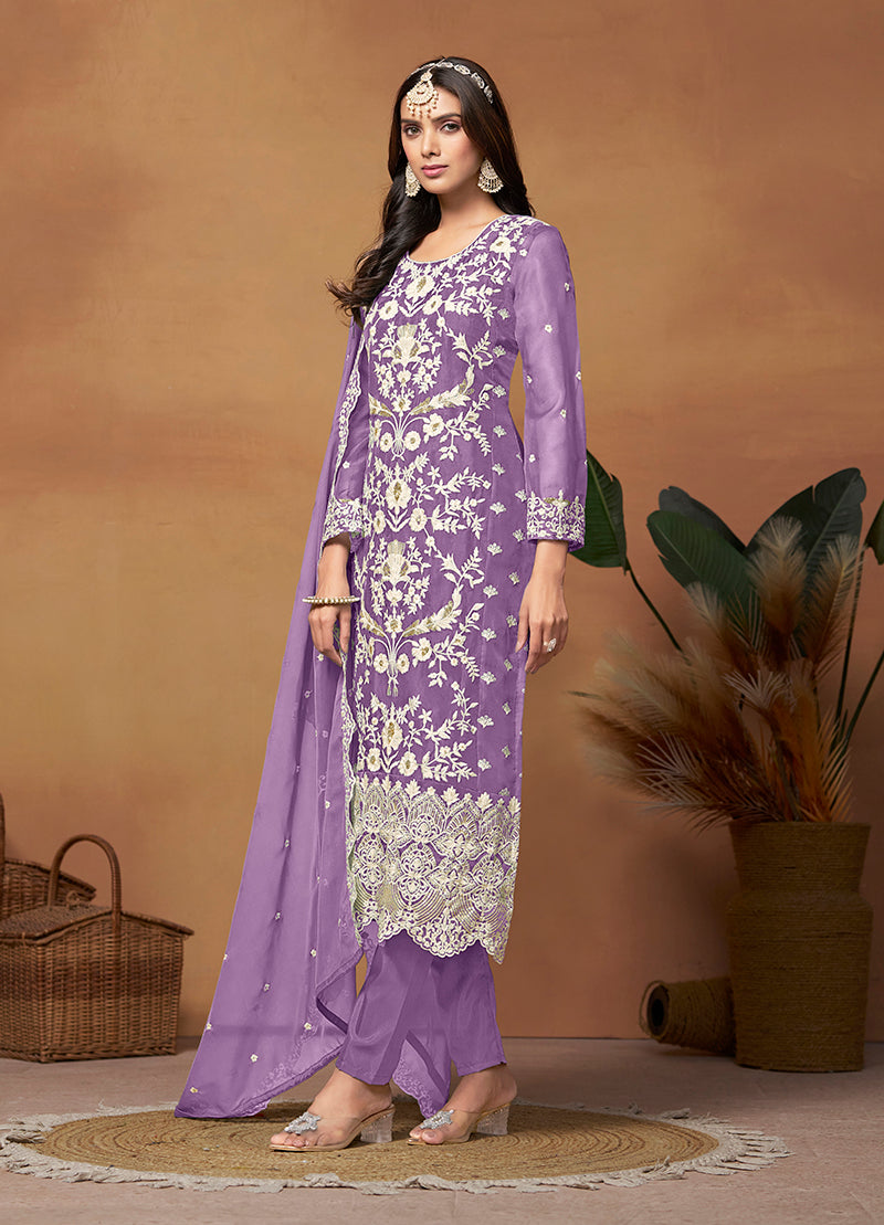 Monjolika Fashion Lavender Colour Embroidered Soft Organza Straight Suit With Dupatta - Distacart