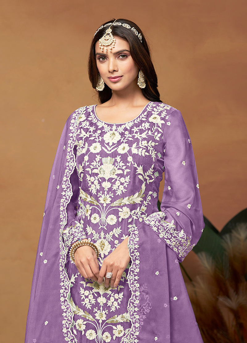 Monjolika Fashion Lavender Colour Embroidered Soft Organza Straight Suit With Dupatta - Distacart