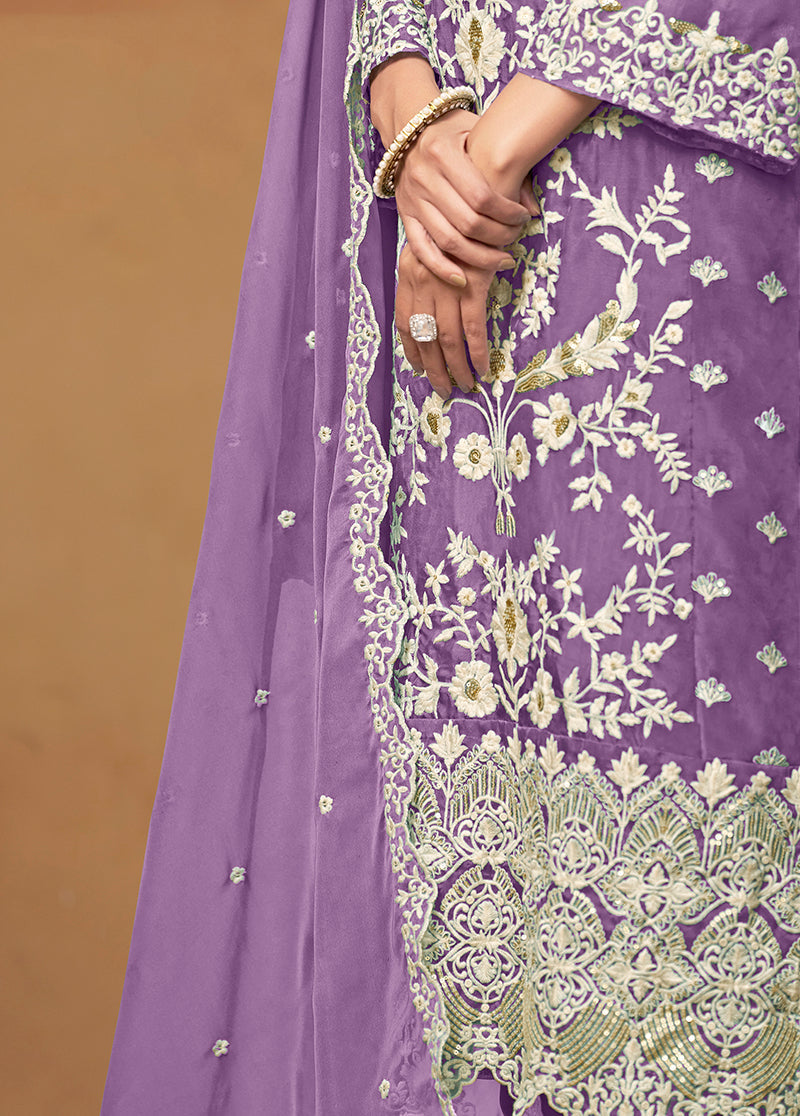 Monjolika Fashion Lavender Colour Embroidered Soft Organza Straight Suit With Dupatta - Distacart