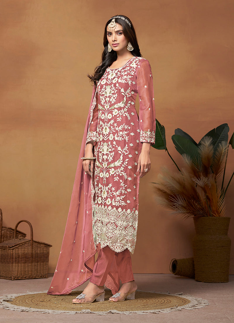 Monjolika Fashion Dark Mauve Colour Embroidered Soft Organza Straight Suit With Dupatta - Distacart