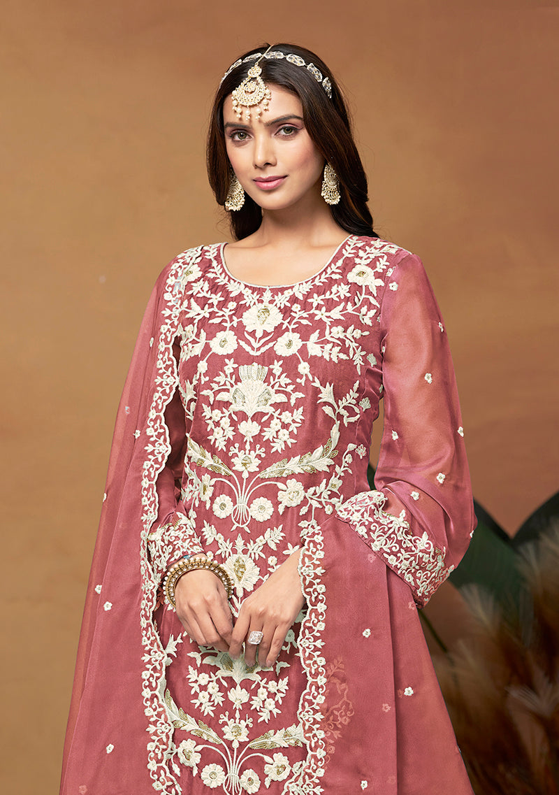 Monjolika Fashion Dark Mauve Colour Embroidered Soft Organza Straight Suit With Dupatta - Distacart