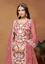 Monjolika Fashion Dark Mauve Colour Embroidered Soft Organza Straight Suit With Dupatta - Distacart