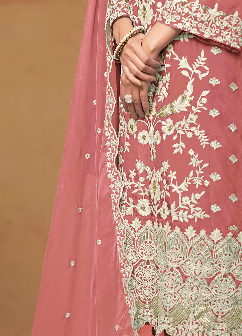 Monjolika Fashion Dark Mauve Colour Embroidered Soft Organza Straight Suit With Dupatta - Distacart