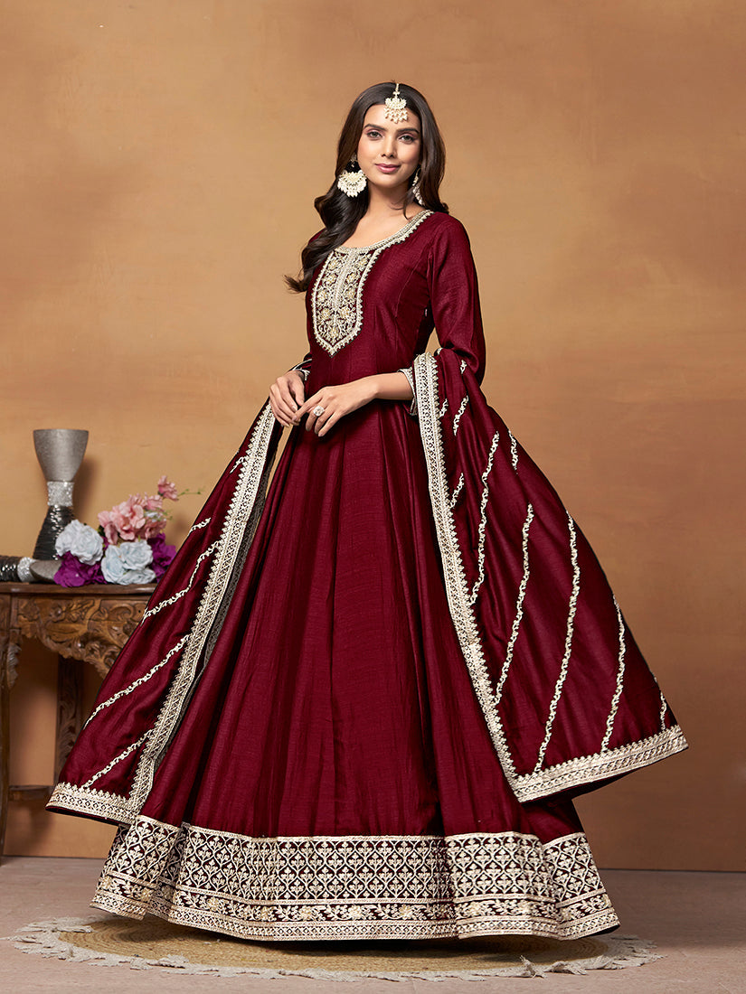 Monjolika Fashion Wine Colour Art Silk Designer Anarkali Dress - Distacart
