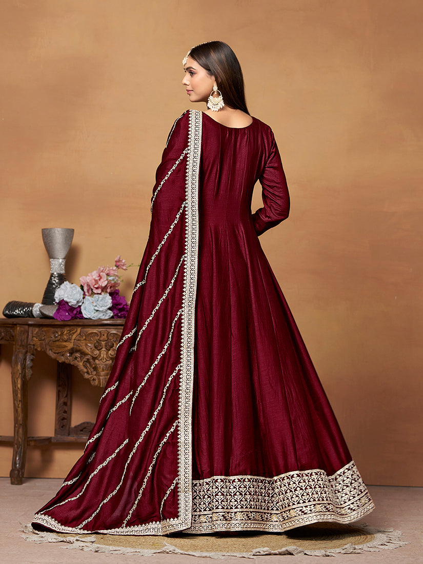 Monjolika Fashion Wine Colour Art Silk Designer Anarkali Dress - Distacart