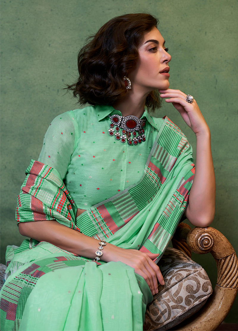 Monjolika Fashion Light Green Colour Cotton Handloom Lightwear Saree For Women - Distacart