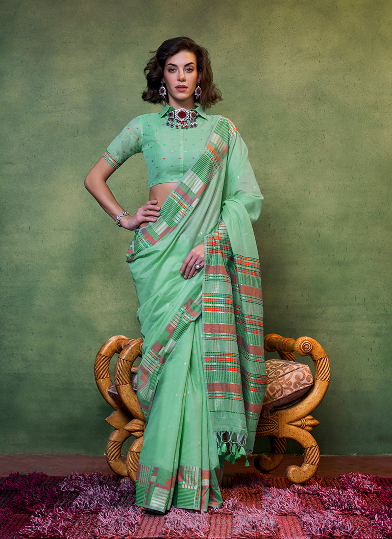 Monjolika Fashion Light Green Colour Cotton Handloom Lightwear Saree For Women - Distacart