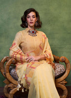 Monjolika Fashion Light Yellow Colour Cotton Handloom Lightwear Saree For Women - Distacart