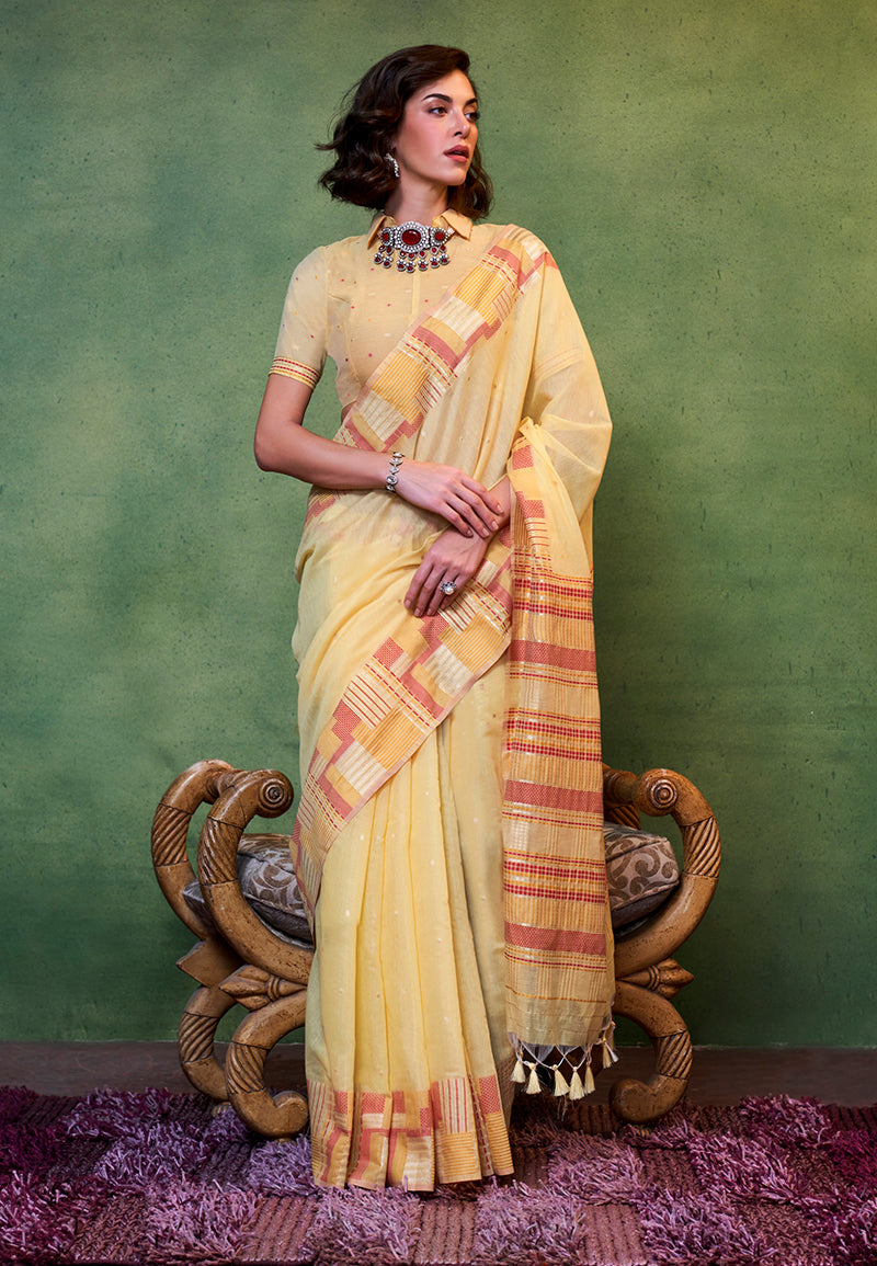 Monjolika Fashion Light Yellow Colour Cotton Handloom Lightwear Saree For Women - Distacart