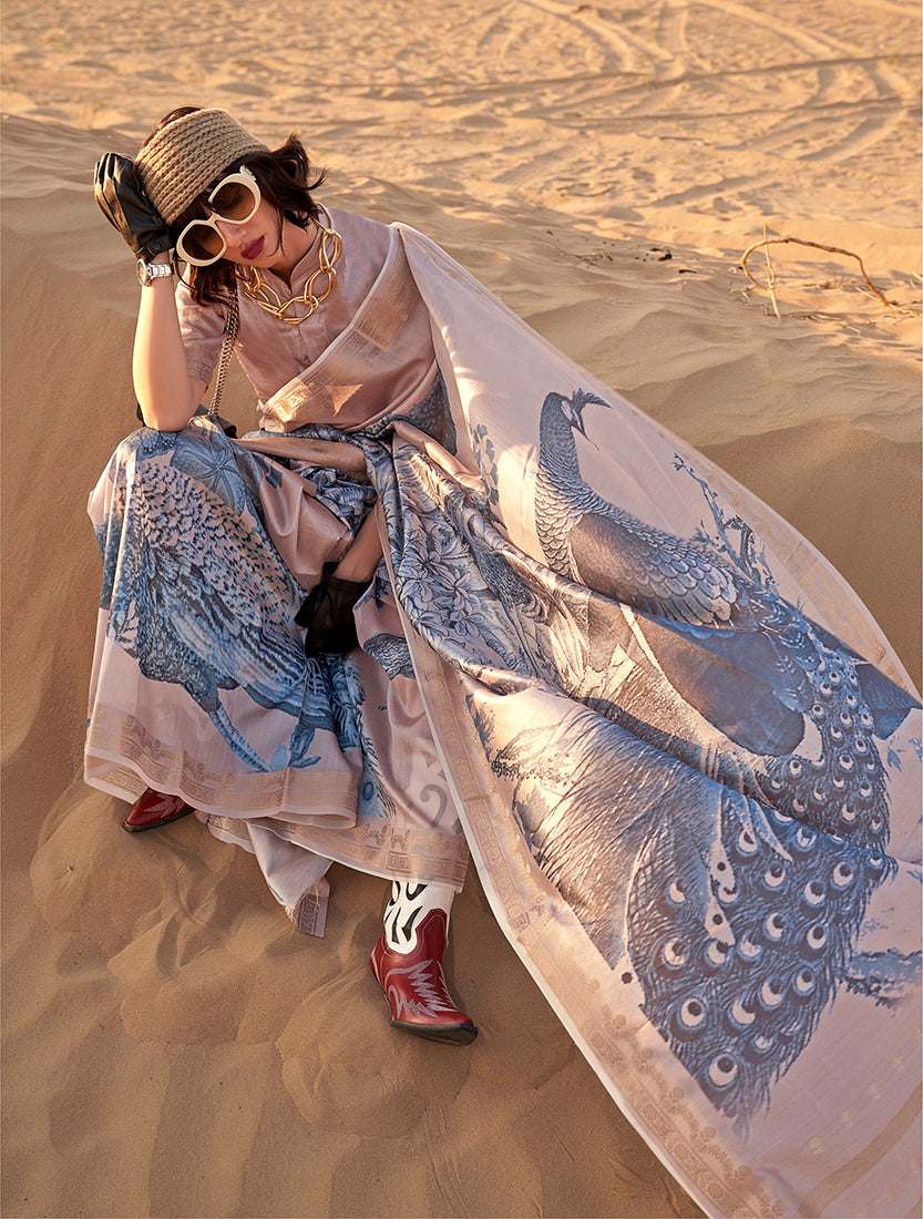 Monjolika Fashion Slate Grey Color Printed Tussar Silk Designer Saree Online