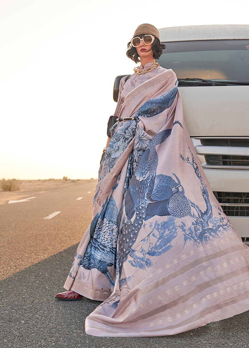 Monjolika Fashion Slate Grey Color Printed Tussar Silk Designer Saree Online