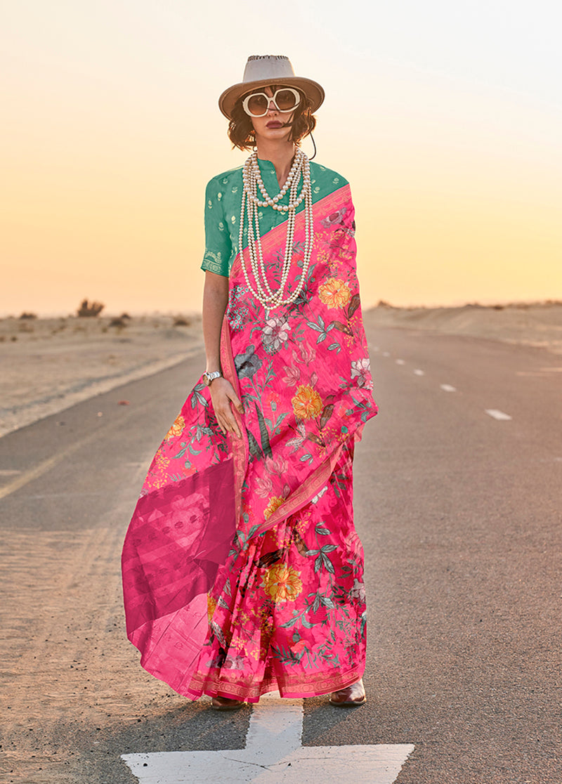 Monjolika Fashion Pink Color Printed Tussar Silk Designer Saree Online