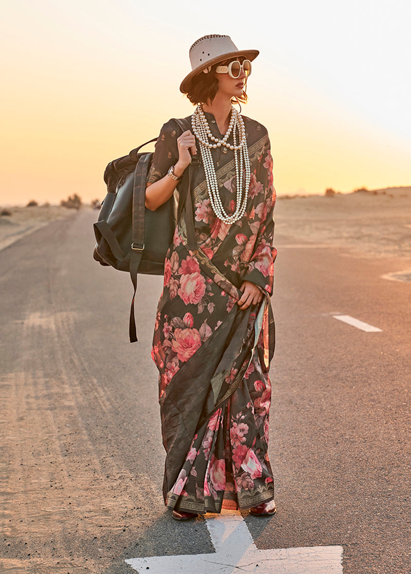 Monjolika Fashion Black Color Printed Tussar Silk Designer Saree Online