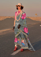 Monjolika Fashion Grey Color Printed Tussar Silk Designer Saree Online