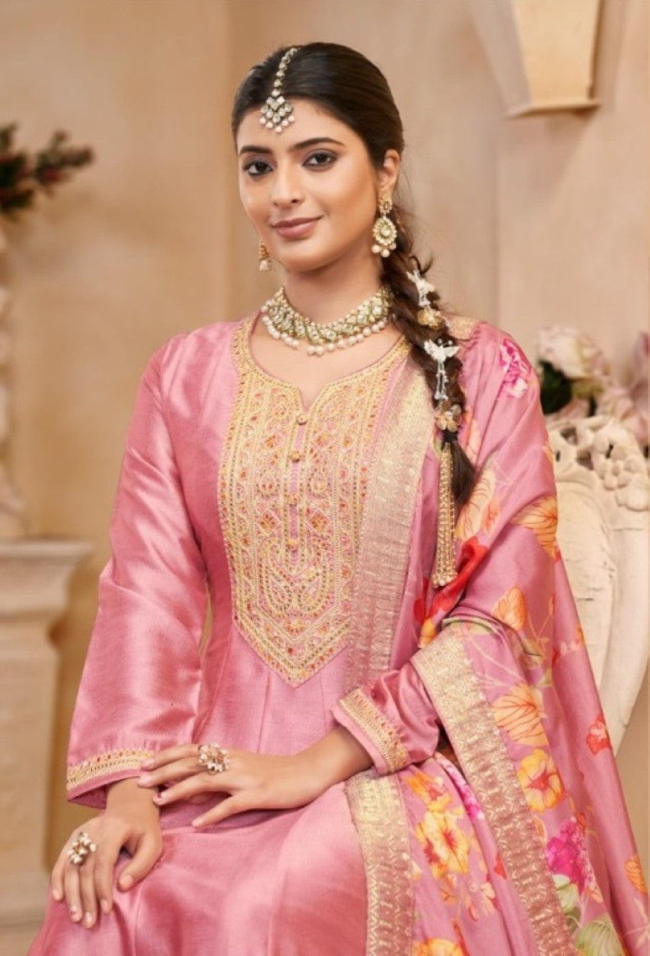 Anaita Light Pink Vichitra Silk Sequence Embroidered Salwar Suit - Distacart