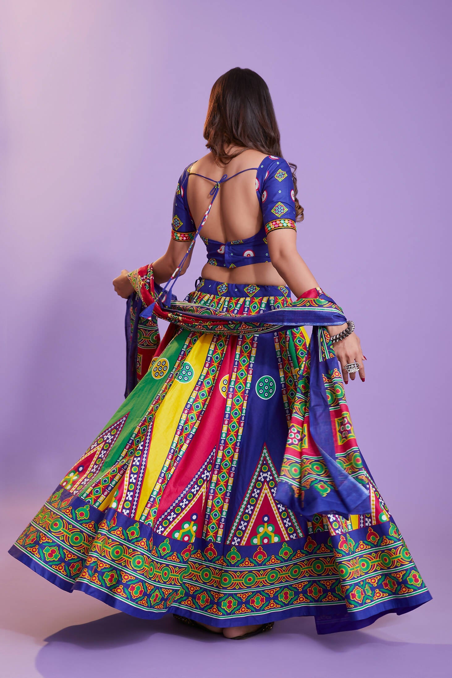 Multi Color Pure Cotton Hand Block Print Navratri Lehenga Choli with Dupatta - Raas