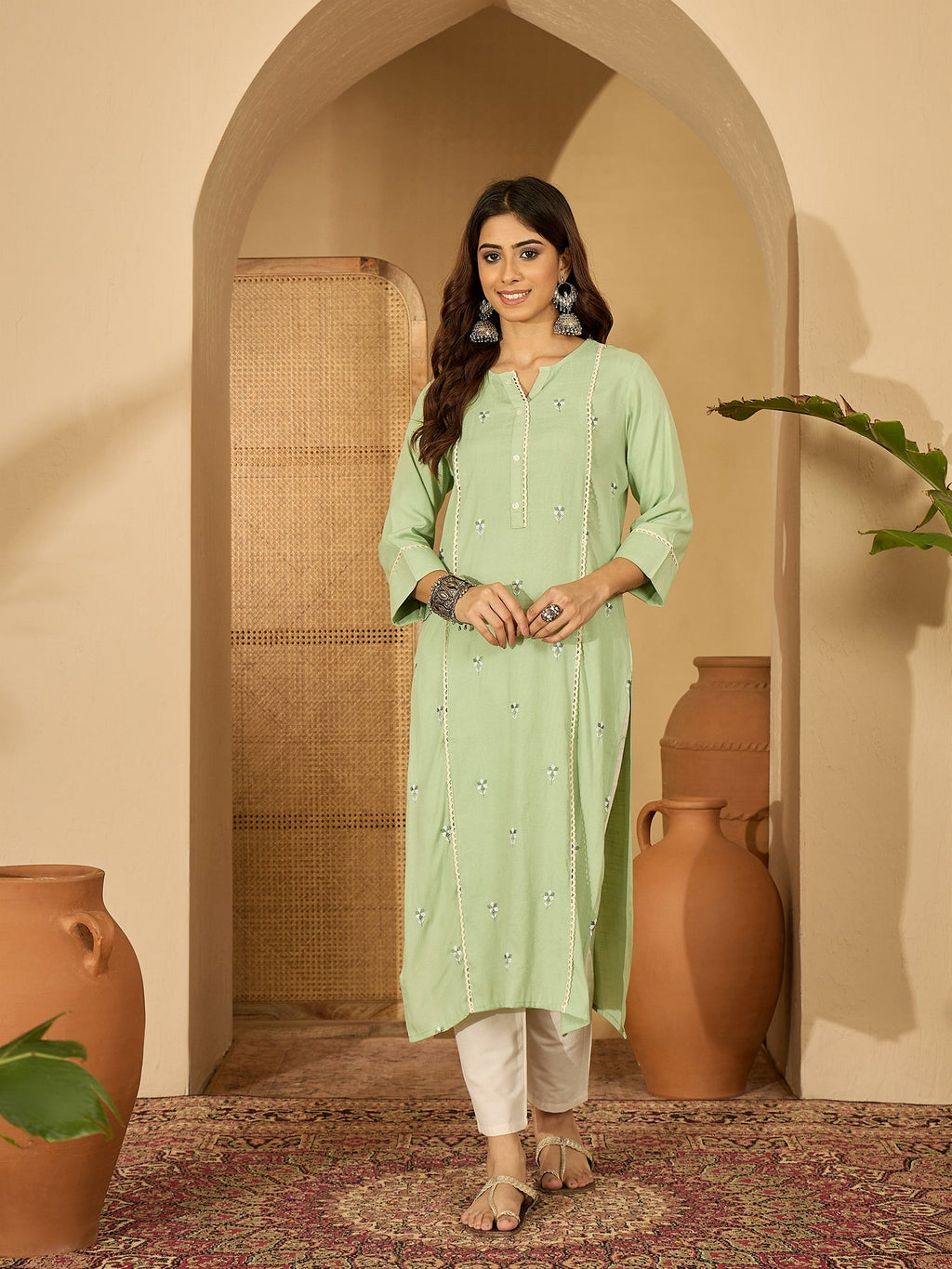 Joban Fashion Pista Green Viscose Rayon Embroidery Readymade Tunic