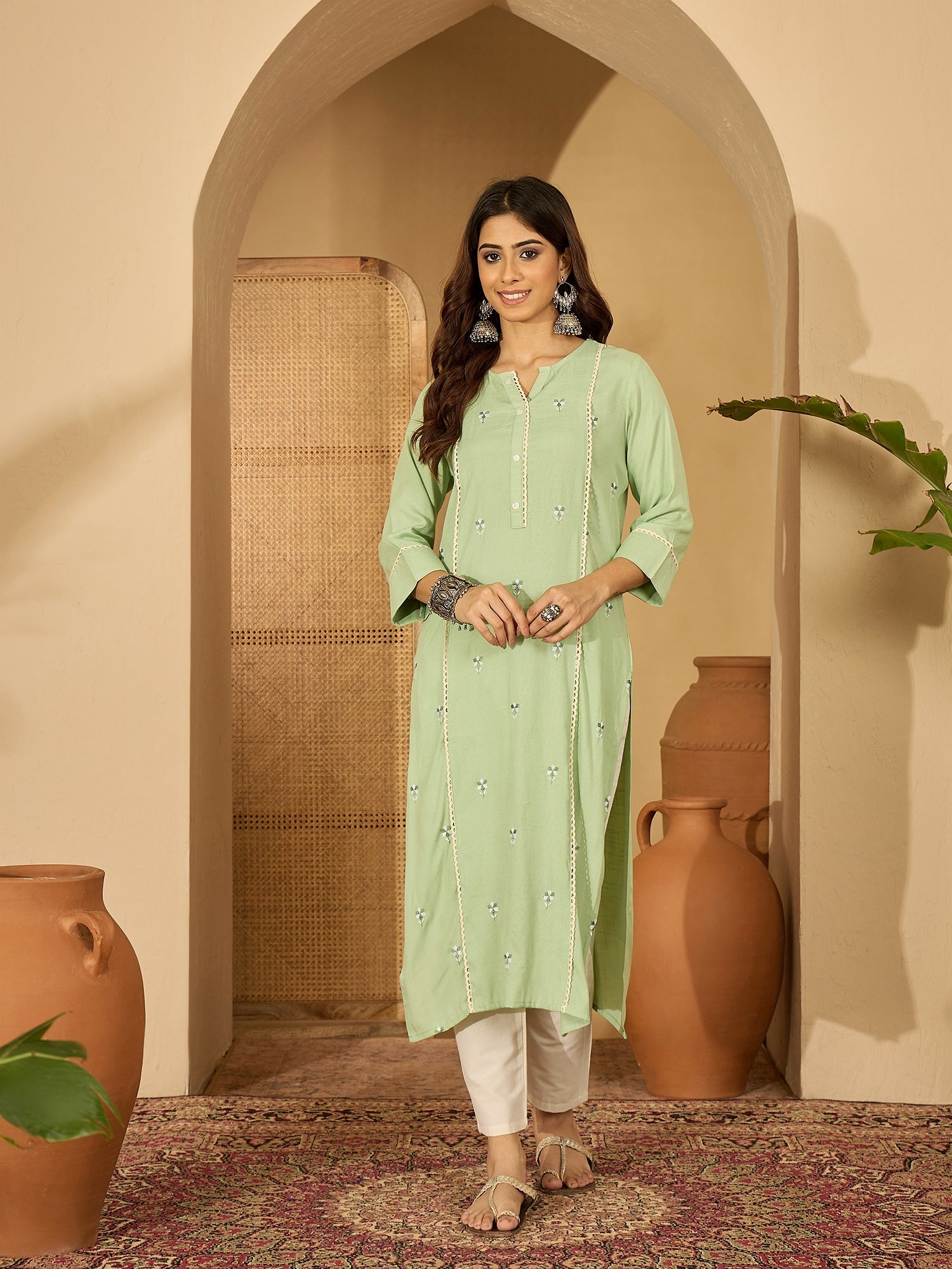 Joban Fashion Pista Green Viscose Rayon Embroidery Readymade Tunic