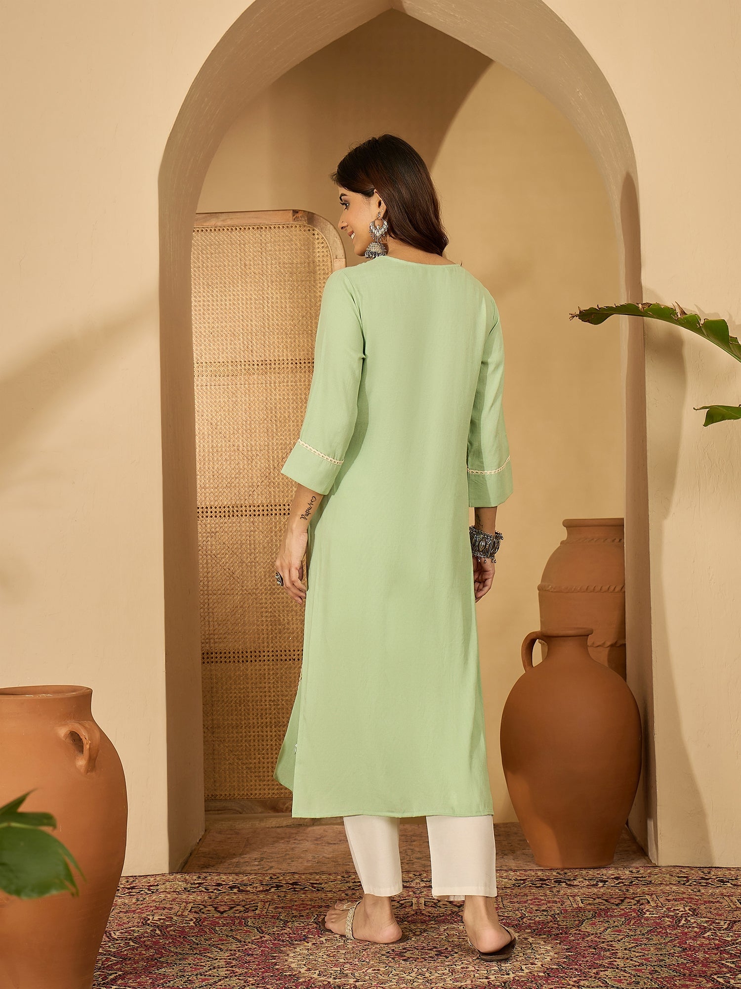 Joban Fashion Pista Green Viscose Rayon Embroidery Readymade Tunic