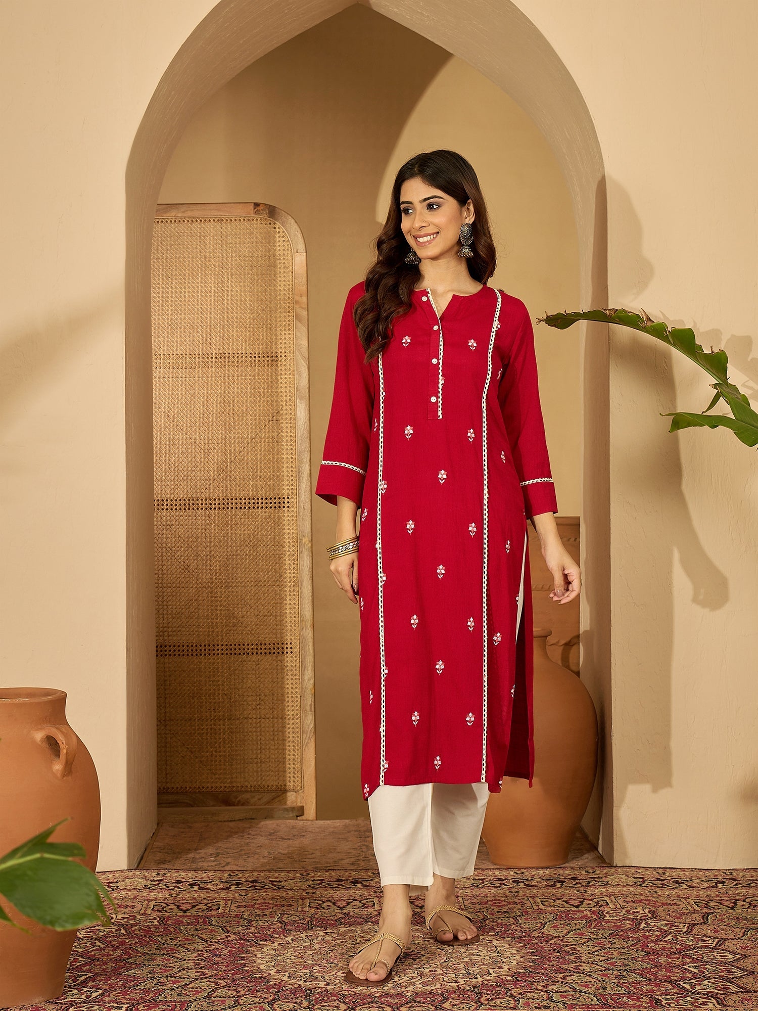 Joban Fashion Red Viscose Rayon Embroidery Readymade Tunic
