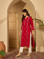Joban Fashion Red Viscose Rayon Embroidery Readymade Tunic