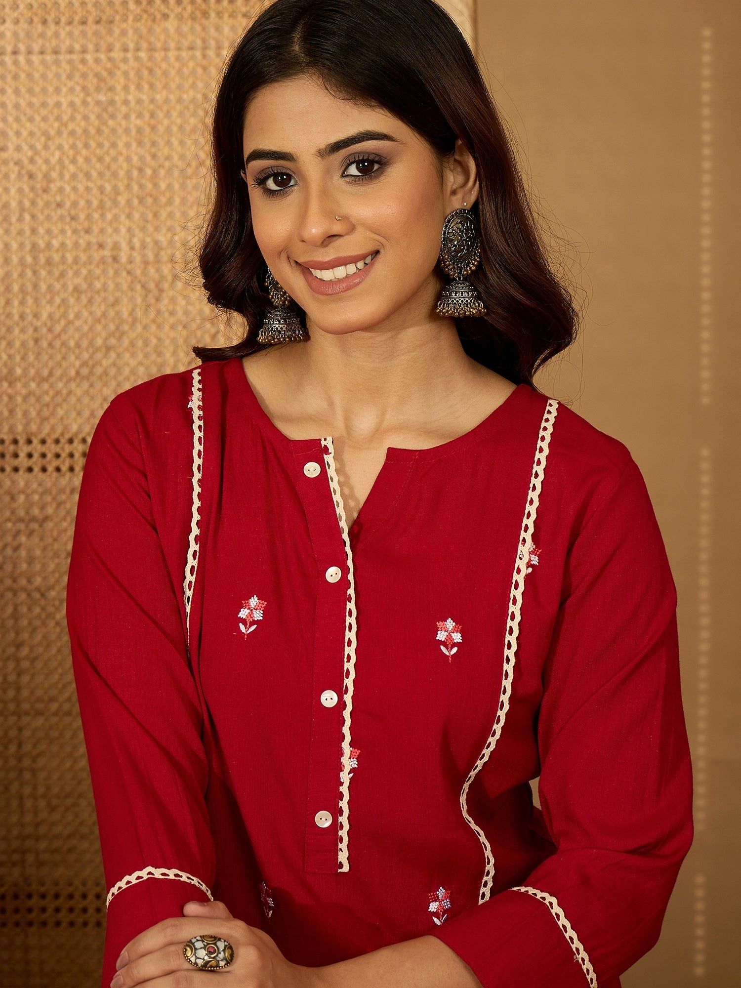 Joban Fashion Red Viscose Rayon Embroidery Readymade Tunic