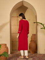 Joban Fashion Red Viscose Rayon Embroidery Readymade Tunic