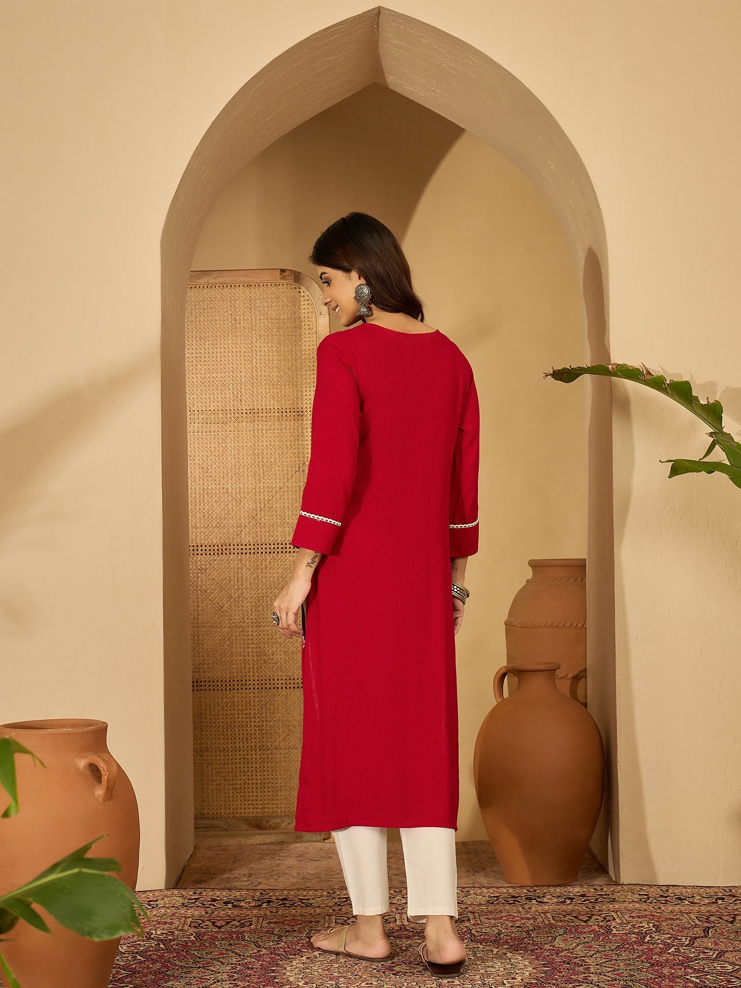 Joban Fashion Red Viscose Rayon Embroidery Readymade Tunic