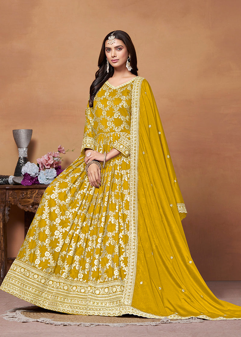 Monjolika Fashion Mustard Color Embroidered Santoon Silk Salwar Suit - Distacart