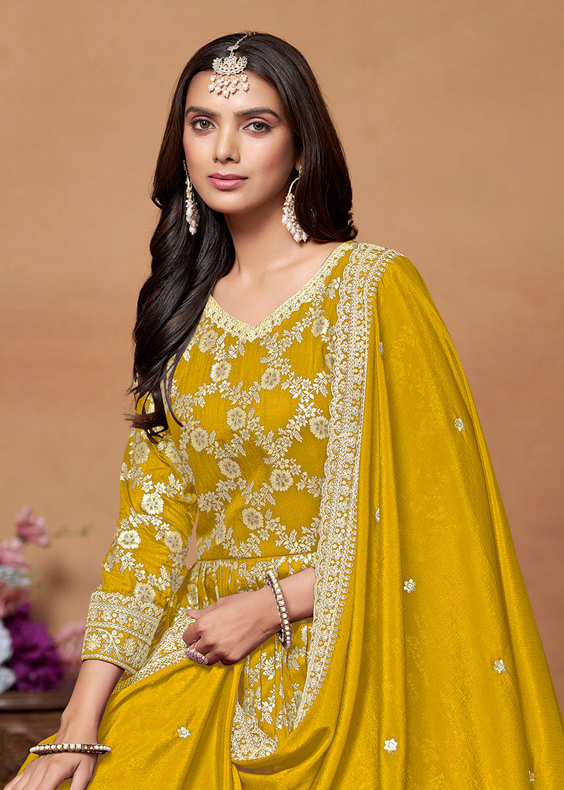 Monjolika Fashion Mustard Color Embroidered Santoon Silk Salwar Suit - Distacart