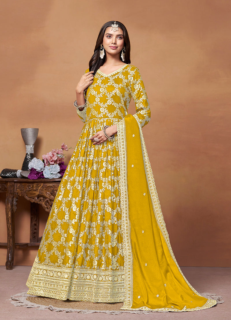 Monjolika Fashion Mustard Color Embroidered Santoon Silk Salwar Suit - Distacart