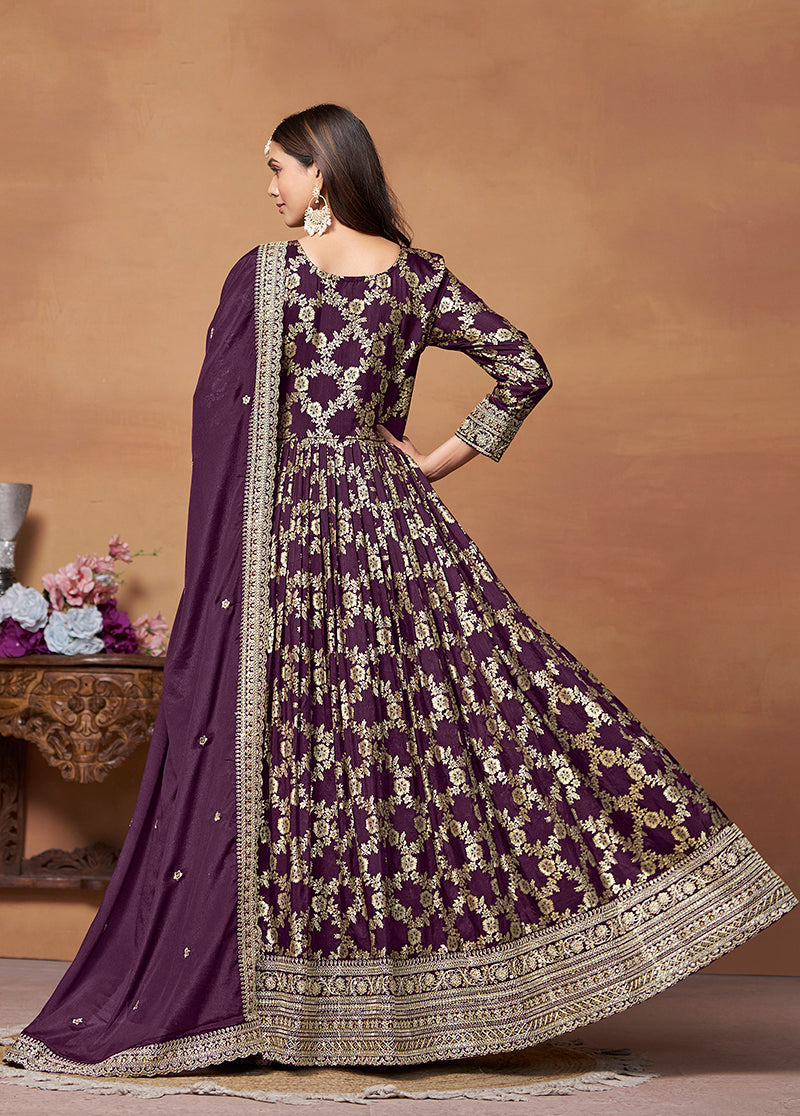 Monjolika Fashion Dark-Purple Color Embroidered Santoon Silk Salwar Suit - Distacart