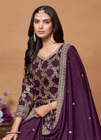 Monjolika Fashion Dark-Purple Color Embroidered Santoon Silk Salwar Suit - Distacart