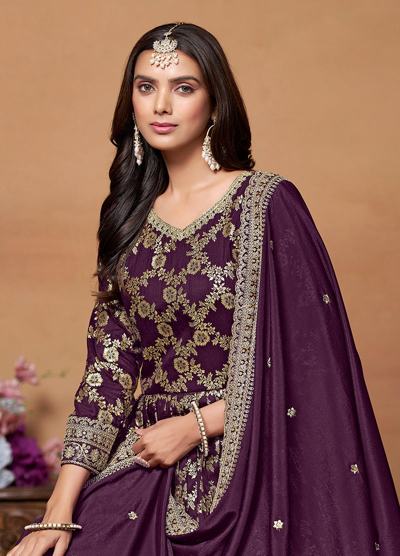 Monjolika Fashion Dark-Purple Color Embroidered Santoon Silk Salwar Suit - Distacart