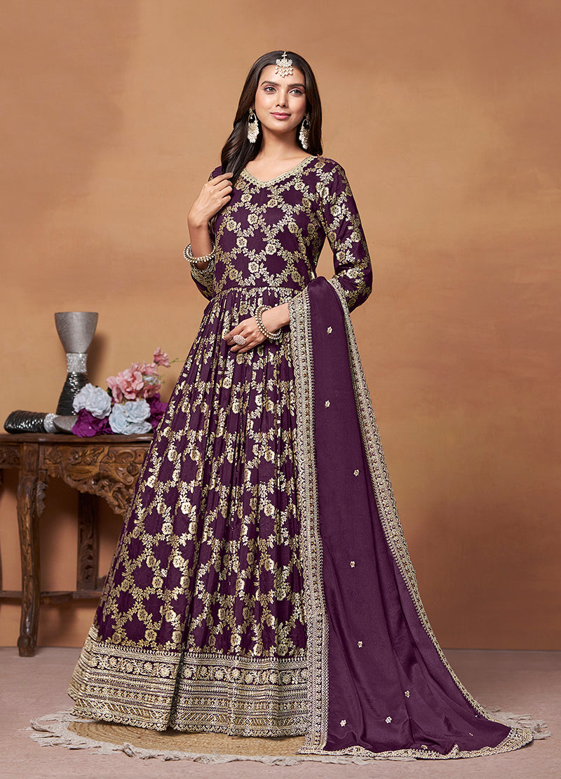 Monjolika Fashion Dark-Purple Color Embroidered Santoon Silk Salwar Suit - Distacart