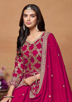 Monjolika Fashion Crimson Color Embroidered Santoon Silk Salwar Suit - Distacart