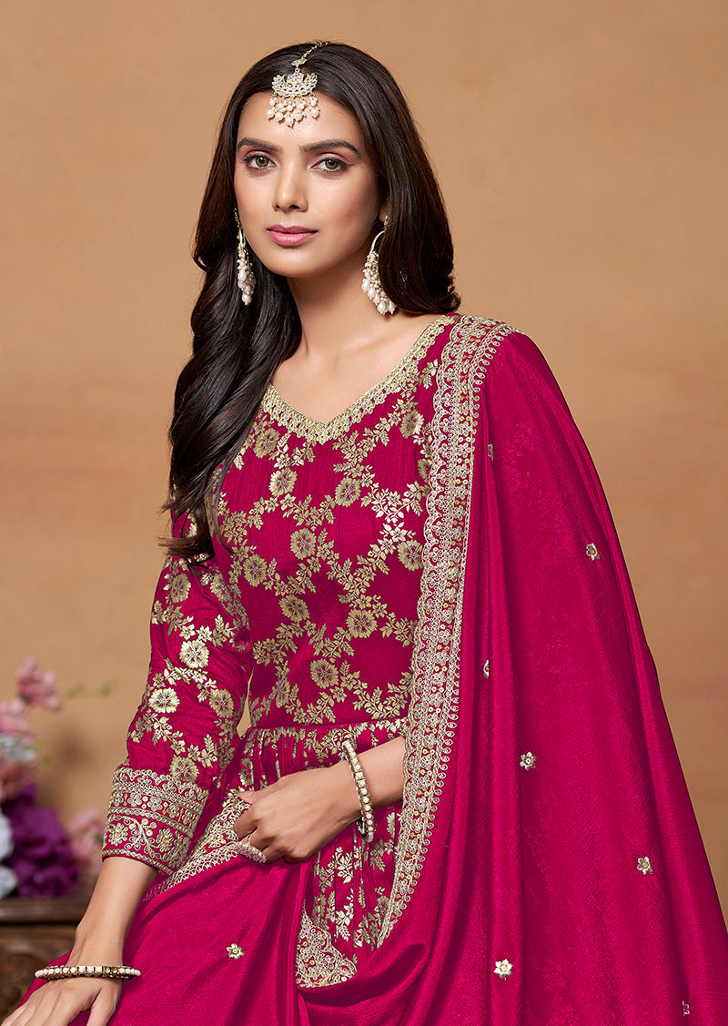 Monjolika Fashion Crimson Color Embroidered Santoon Silk Salwar Suit - Distacart